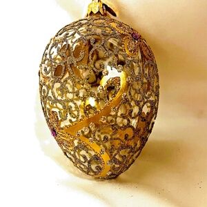 ORNAMENT FROM POLAND SUGAR MICA LARGE EGG 5"x3,5"  GOLDEN BLOWN GLASS  VINTAGE